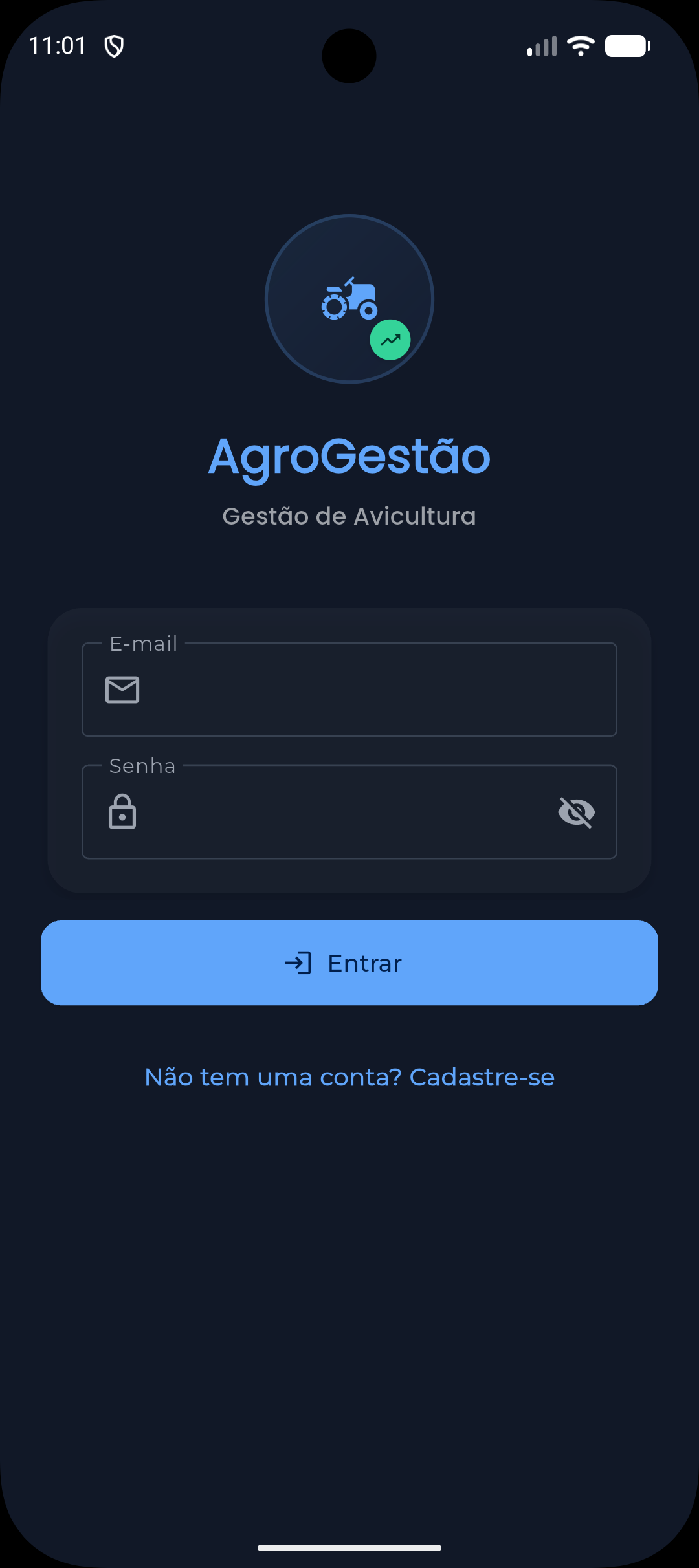 Tela de login do AgroGestão com o logo do tratorista, o tagline "Gestão de Avicultura" e os campos de e-mail e senha