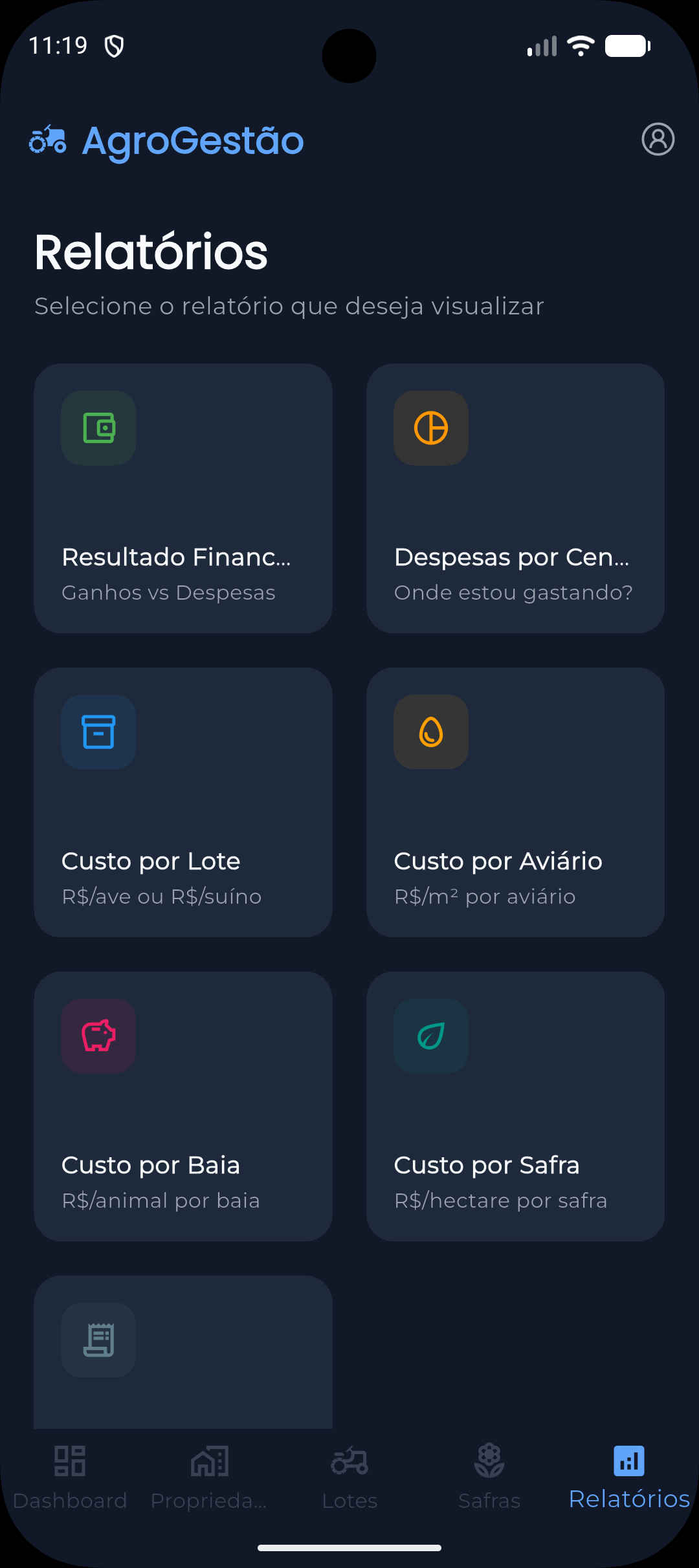 Menu de relatórios do AgroGestão com os cards de Resultado Financeiro, Despesas por Centro, Custo por Lote, Custo por Aviário, Custo por Baia, Custo por Safra e Extrato Geral