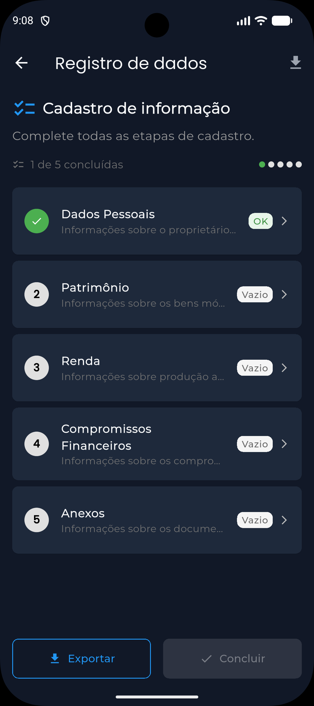 Tela Registro de dados do DuploA com as cinco etapas do cadastro (Dados Pessoais, Patrimônio, Renda, Compromissos Financeiros e Anexos), indicador de progresso e ação de exportar/concluir