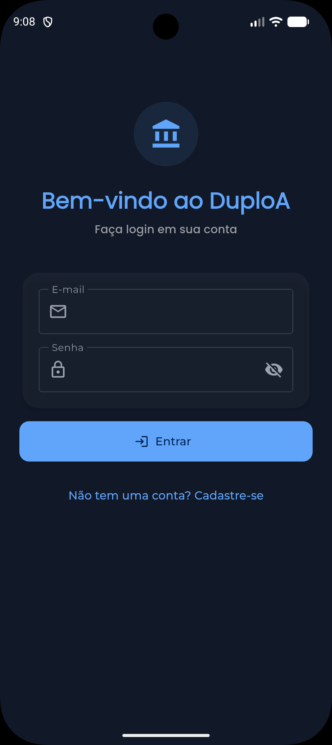 Tela de login do DuploA com a marca e os campos de e-mail e senha