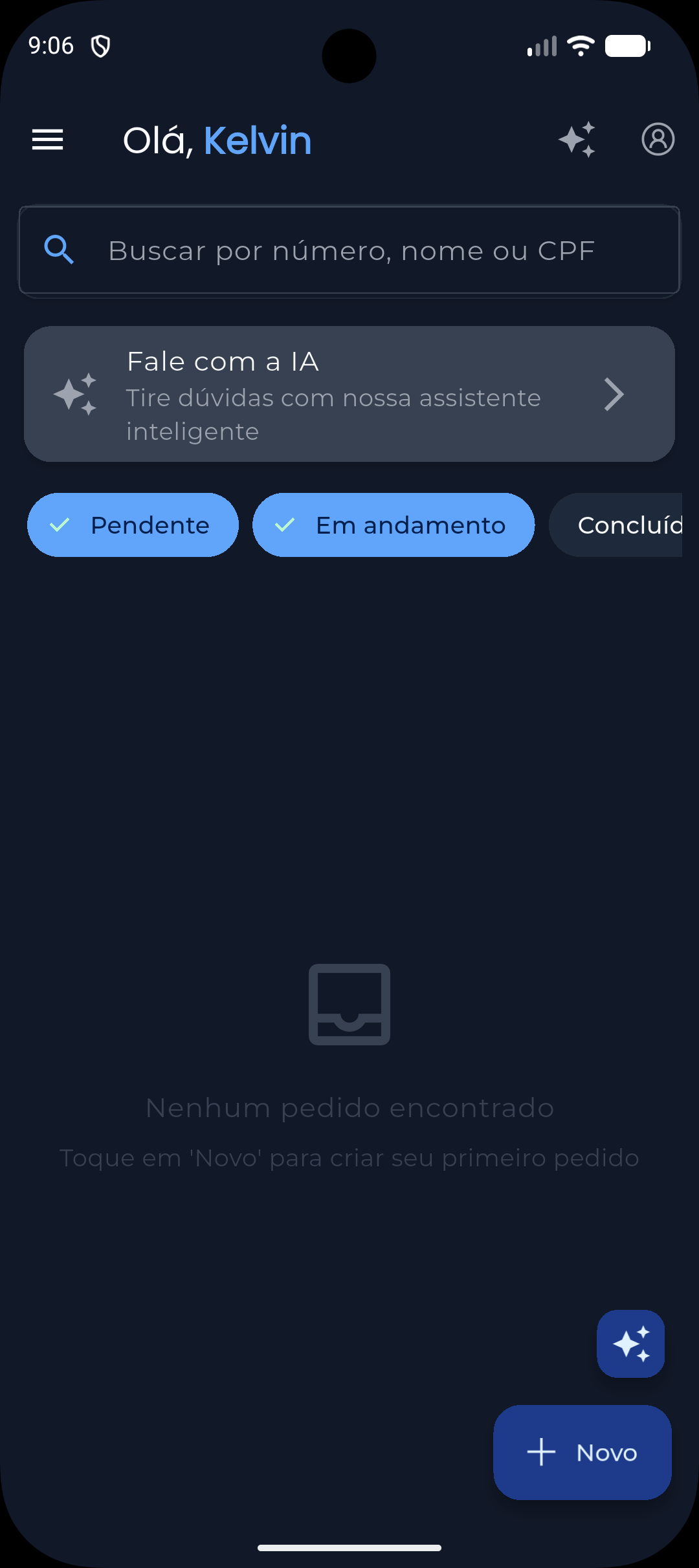 Home do DuploA em estado vazio, com o card de Fale com a IA em destaque e o botão flutuante Novo no canto inferior direito