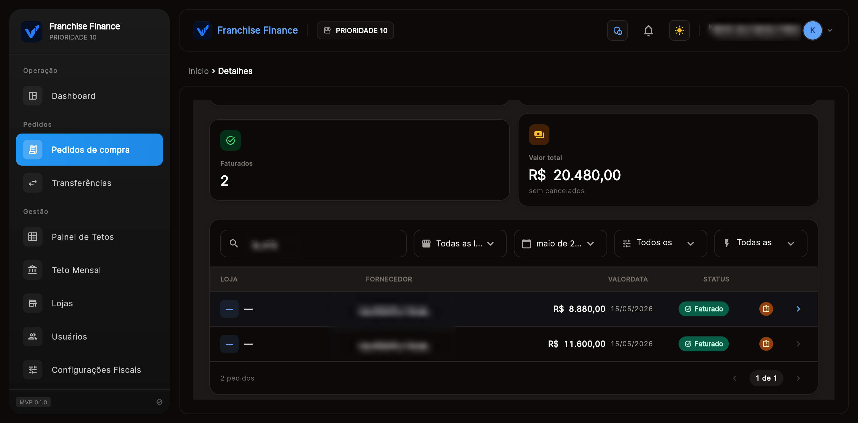 Lista de pedidos de compra com fornecedor, valor e status faturado