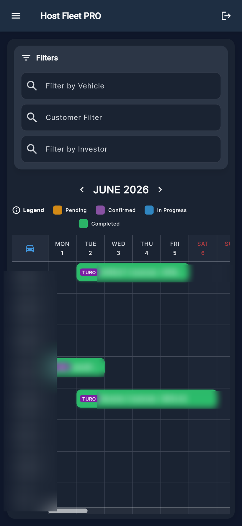 App no celular com o calendário da frota e as reservas do Turo