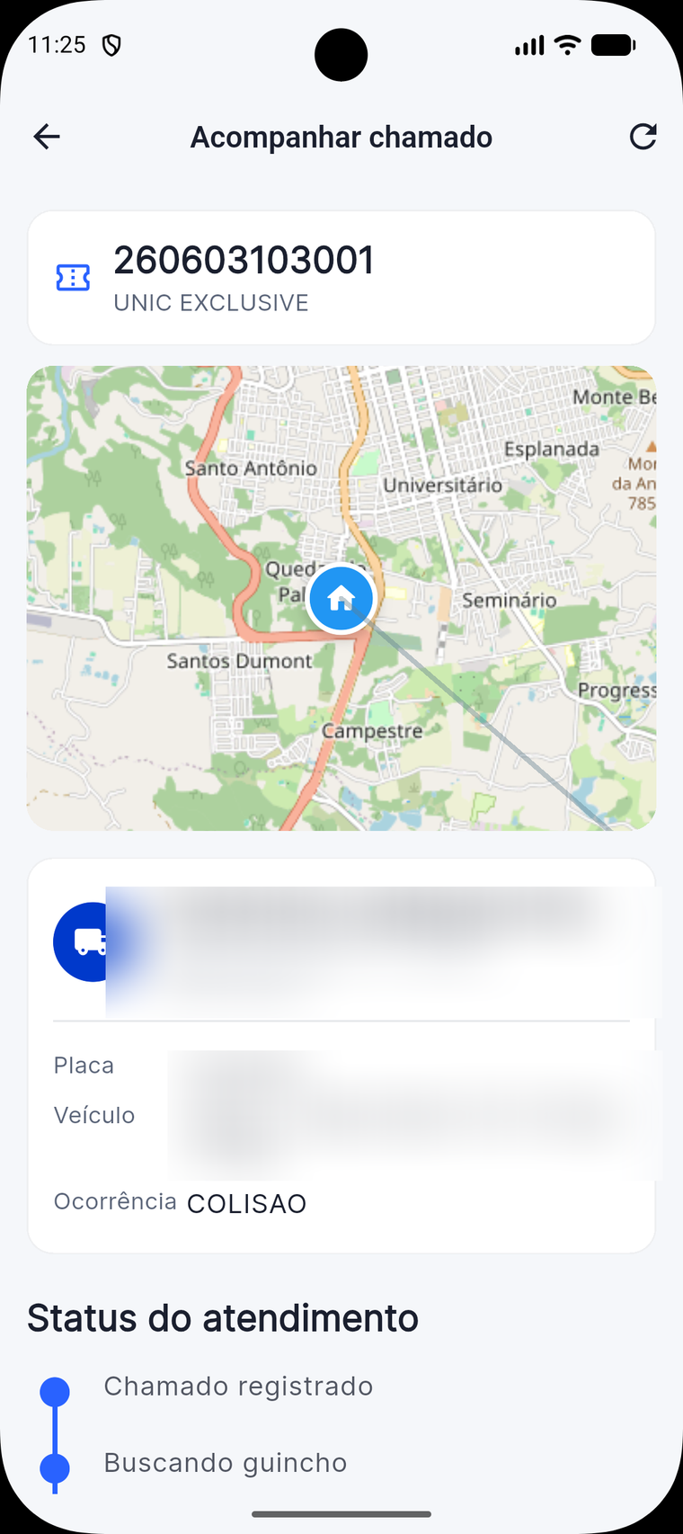 App do Associado mostrando o guincho no mapa e o status do chamado em tempo real