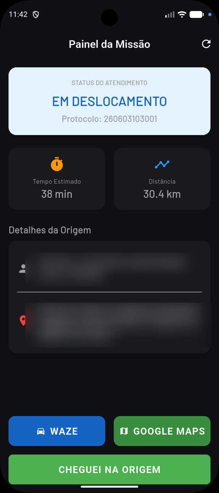 App do Motorista (Painel da Missão) com status em deslocamento, tempo estimado e distância