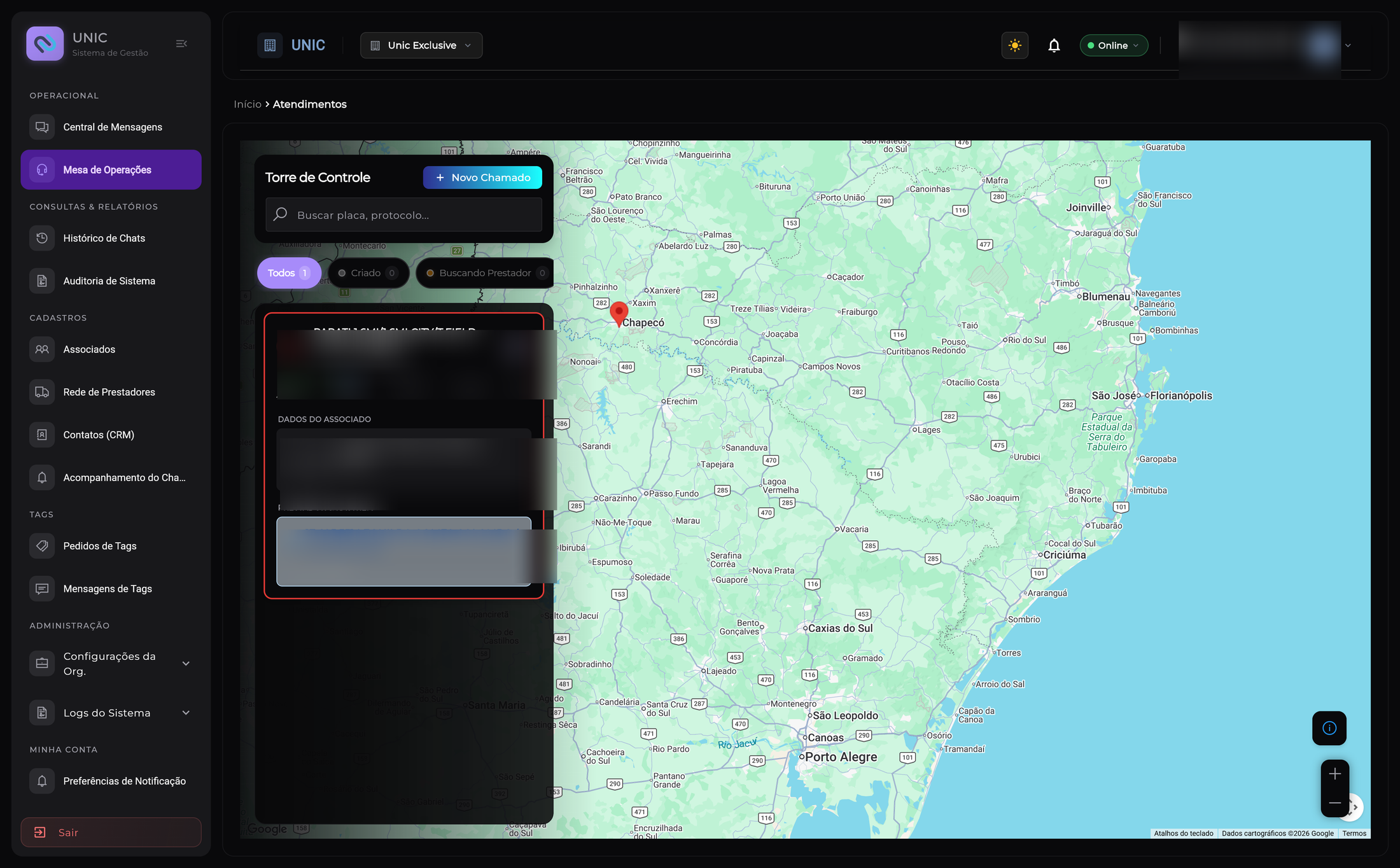 Torre de Controle da Unic: mapa ao vivo com os chamados de assistência em andamento